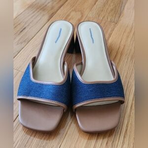Ann Taylor Blue Denim & Tan Leather Block Heel Mules